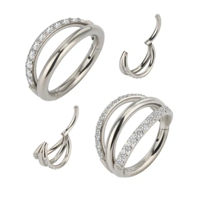 Hot ASTM F136 Anillos de titanio de triple círculo con circonitas para la nariz de la mujer Anillos de ombligo clavados Pendientes Piercing Joyas para el cuerpo