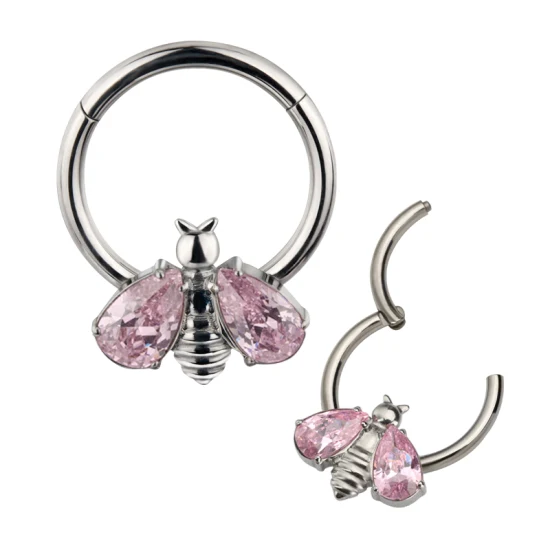 Piercing Body Jewelry ASTM F136 Forma de abeja de titanio con bisel Set CZ Wings Segment Ring Anillo de nariz Pendiente para mujer